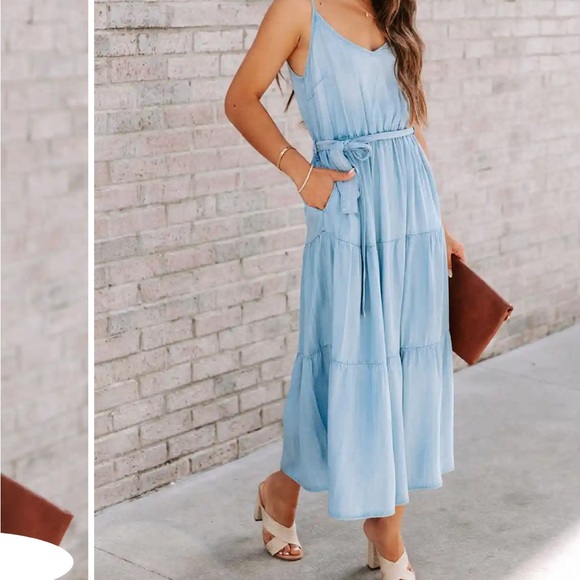 Vici Canadian Blues Chambray Pocketed Midi Dress - Picture 3 of 7